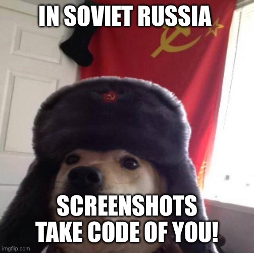 Go drunk you’re home | IN SOVIET RUSSIA; SCREENSHOTS TAKE CODE OF YOU! | image tagged in russian doge | made w/ Imgflip meme maker