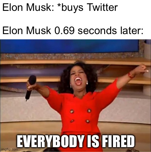 why tf is elon musk firing everyone | Elon Musk: *buys Twitter; Elon Musk 0.69 seconds later:; EVERYBODY IS FIRED | image tagged in memes,oprah you get a | made w/ Imgflip meme maker