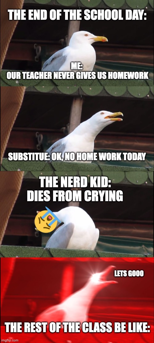 No Homework | THE END OF THE SCHOOL DAY:; ME: 
OUR TEACHER NEVER GIVES US HOMEWORK; SUBSTITUE: OK, NO HOME WORK TODAY; THE NERD KID: DIES FROM CRYING; LETS GOOO; THE REST OF THE CLASS BE LIKE: | image tagged in memes,inhaling seagull | made w/ Imgflip meme maker