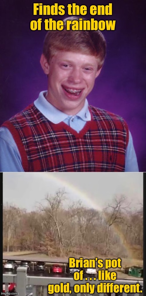 Bad luck everywhere, Brian | image tagged in bad luck brian,rainbow,dumpster | made w/ Imgflip meme maker