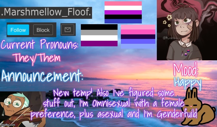 Floofs temp 2 | They/Them; Happy; New temp! Also I’ve figured some stuff out, I’m Omnisexual with a female preference, plus asexual and I’m Genderfuild | image tagged in floofs temp 2 | made w/ Imgflip meme maker