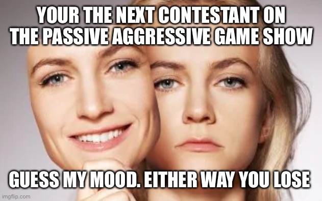YOUR THE NEXT CONTESTANT ON THE PASSIVE AGGRESSIVE GAME SHOW; GUESS MY MOOD. EITHER WAY YOU LOSE | made w/ Imgflip meme maker