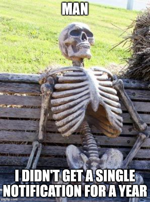 no nofiication? | MAN; I DIDN'T GET A SINGLE NOTIFICATION FOR A YEAR | image tagged in memes,waiting skeleton | made w/ Imgflip meme maker