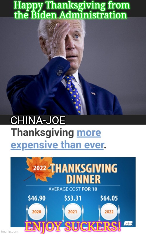 This is what PlanDemicRats voted for more of - Enjoy | Happy Thanksgiving from the Biden Administration; CHINA-JOE; ENJOY SUCKERS! | image tagged in libtards,government corruption,democrat,sheep,never gonna let you down | made w/ Imgflip meme maker