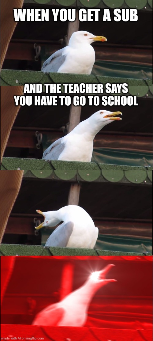 Inhaling Seagull | WHEN YOU GET A SUB; AND THE TEACHER SAYS YOU HAVE TO GO TO SCHOOL | image tagged in memes,inhaling seagull | made w/ Imgflip meme maker