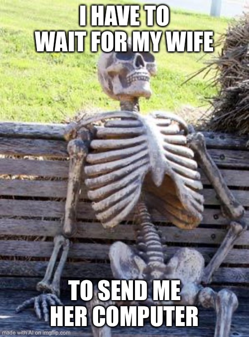 Waiting Skeleton Meme | I HAVE TO WAIT FOR MY WIFE; TO SEND ME HER COMPUTER | image tagged in memes,waiting skeleton,ai meme | made w/ Imgflip meme maker