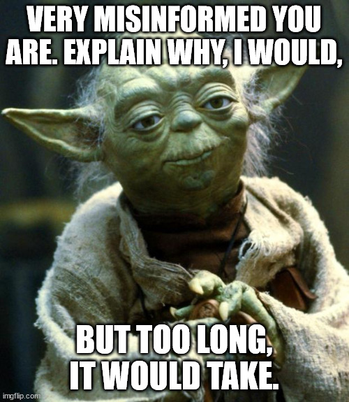 Star Wars Yoda Meme | VERY MISINFORMED YOU ARE. EXPLAIN WHY, I WOULD, BUT TOO LONG, IT WOULD TAKE. | image tagged in memes,star wars yoda | made w/ Imgflip meme maker