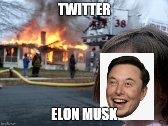 Elon Musk Destroying Twitter | TWITTER; ELON MUSK | image tagged in memes,disaster girl | made w/ Imgflip meme maker