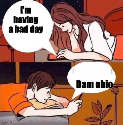 This meme is old its cringe | I’m having a bad day; Dam ohio | image tagged in texting meme | made w/ Imgflip meme maker