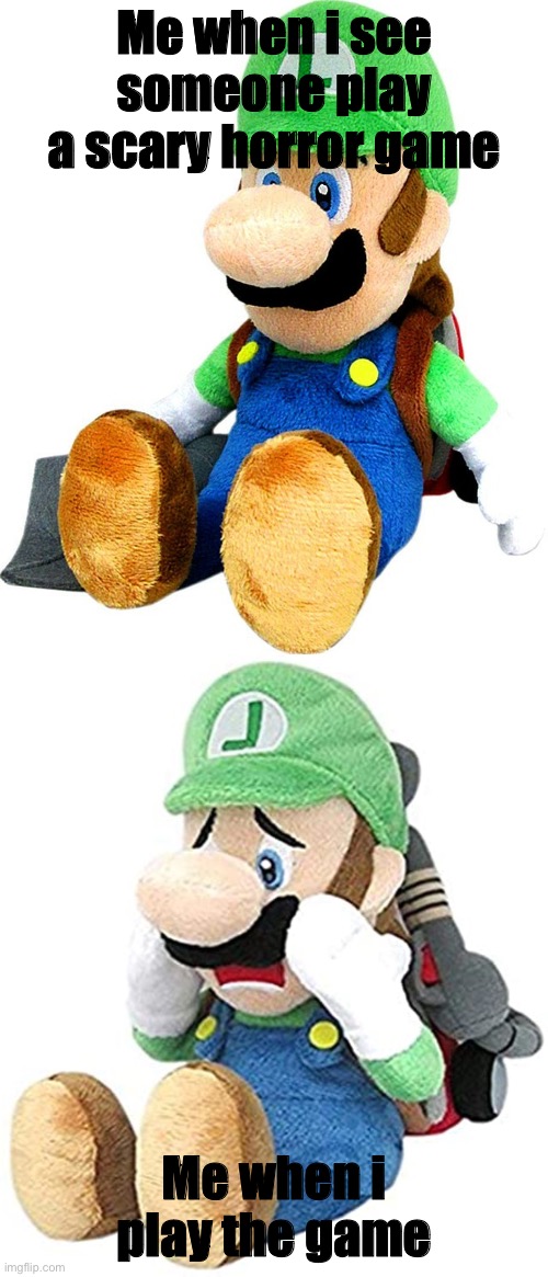 its so true i just leave the games one seconds respect those types of youtubers | Me when i see someone play a scary horror game; Me when i play the game | image tagged in luigi reaction,relatable | made w/ Imgflip meme maker