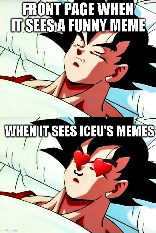 Sleep tight. When I pass by, you won't even notice me. | FRONT PAGE WHEN IT SEES A FUNNY MEME; WHEN IT SEES ICEU'S MEMES | image tagged in goku sleeping wake up | made w/ Imgflip meme maker