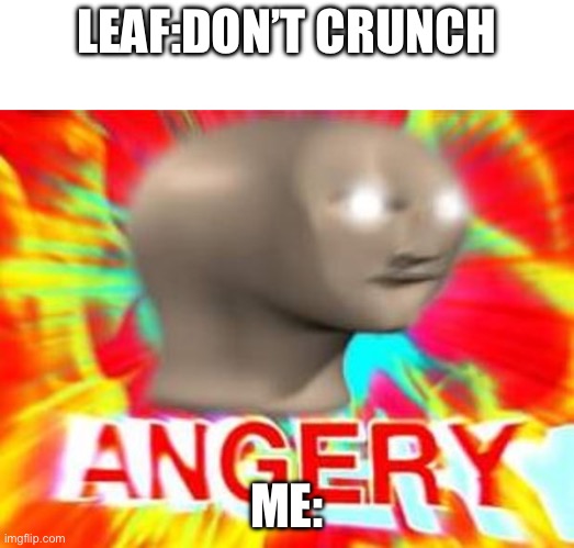 Angery | LEAF:DON’T CRUNCH; ME: | image tagged in surreal angery | made w/ Imgflip meme maker