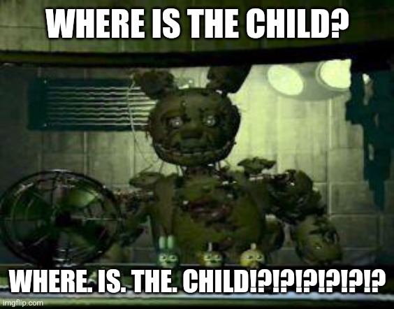 Idk | WHERE IS THE CHILD? WHERE. IS. THE. CHILD!?!?!?!?!?!? | image tagged in fnaf springtrap in window | made w/ Imgflip meme maker