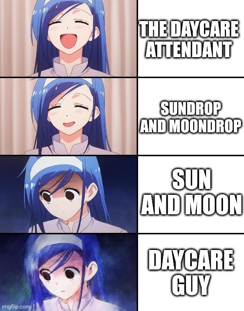 When you hear people how they call the Animatronic in the Daycare | THE DAYCARE ATTENDANT; SUNDROP AND MOONDROP; SUN AND MOON; DAYCARE GUY | image tagged in happiness to despair | made w/ Imgflip meme maker