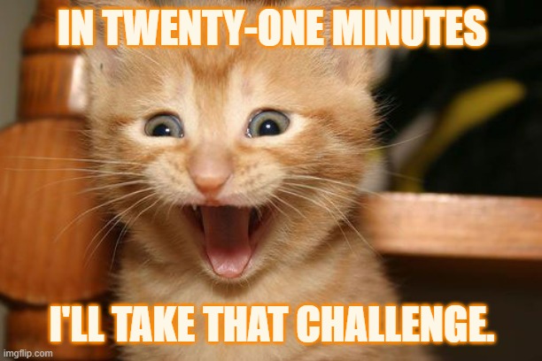 IN TWENTY-ONE MINUTES I'LL TAKE THAT CHALLENGE. | made w/ Imgflip meme maker