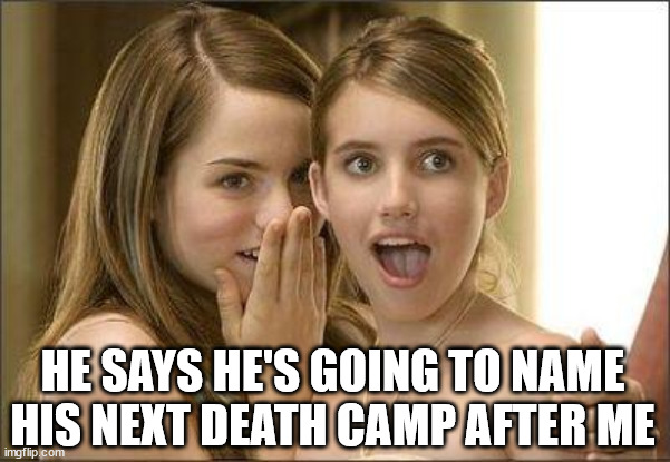 Girls gossiping | HE SAYS HE'S GOING TO NAME HIS NEXT DEATH CAMP AFTER ME | image tagged in girls gossiping | made w/ Imgflip meme maker