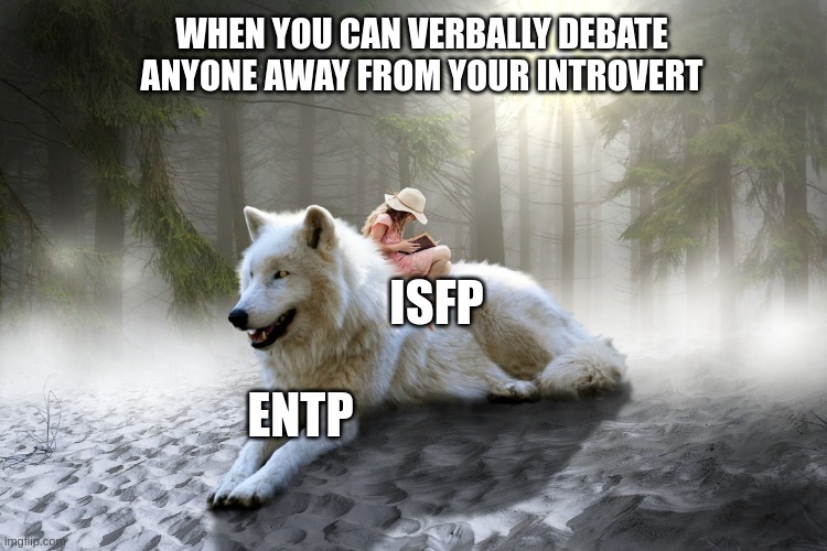 Protecting ISFP | WHEN YOU CAN VERBALLY DEBATE ANYONE AWAY FROM YOUR INTROVERT; ISFP; ENTP | image tagged in wolf and girl reading,isfp,entp,myers briggs,mbti,personality | made w/ Imgflip meme maker