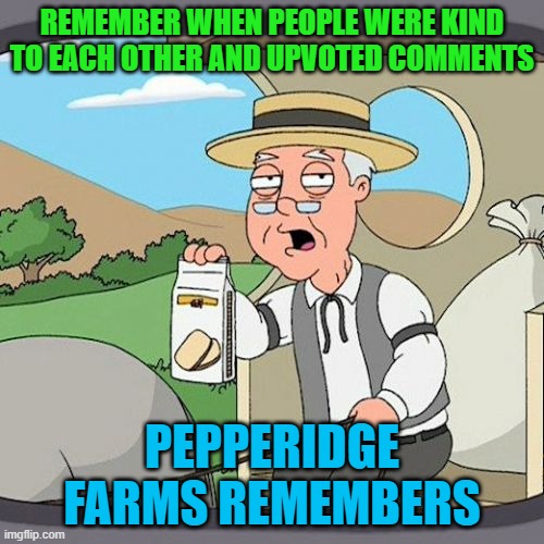 Being kind to each other is very cool :-) | REMEMBER WHEN PEOPLE WERE KIND TO EACH OTHER AND UPVOTED COMMENTS; PEPPERIDGE FARMS REMEMBERS | image tagged in memes,pepperidge farm remembers | made w/ Imgflip meme maker