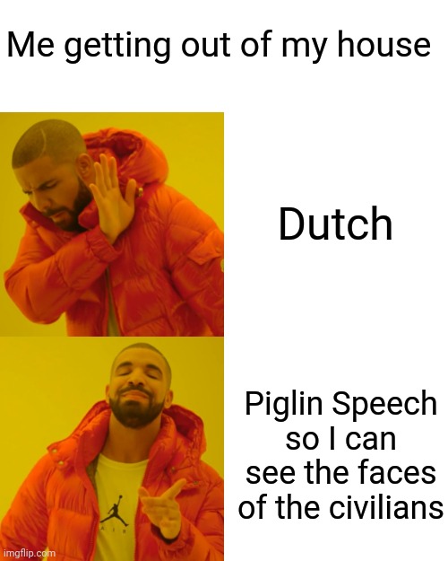 Dw I am proud of my country | Me getting out of my house; Dutch; Piglin Speech so I can see the faces of the civilians | image tagged in memes,drake hotline bling | made w/ Imgflip meme maker