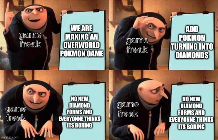 Gru's Plan Meme | ADD POKMON TURNING INTO DIAMONDS; WE ARE MAKING AN OVERWORLD POKMON GAME; game freak; game freak; NO NEW DIAMOND FORMS AND EVERYONNE THINKS ITS BORING; NO NEW DIAMOND FORMS AND EVERYONNE THINKS ITS BORING; game freak; game freak | image tagged in memes,gru's plan | made w/ Imgflip meme maker