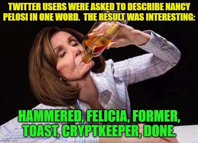 Buh-bye Nancy! | TWITTER USERS WERE ASKED TO DESCRIBE NANCY PELOSI IN ONE WORD.  THE RESULT WAS INTERESTING:; HAMMERED, FELICIA, FORMER, TOAST, CRYPTKEEPER, DONE. | image tagged in nancy pelosi drunk | made w/ Imgflip meme maker