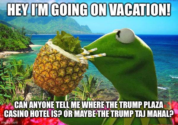 vacation kermit | HEY I’M GOING ON VACATION! CAN ANYONE TELL ME WHERE THE TRUMP PLAZA CASINO HOTEL IS? OR MAYBE THE TRUMP TAJ MAHAL? | image tagged in vacation kermit | made w/ Imgflip meme maker