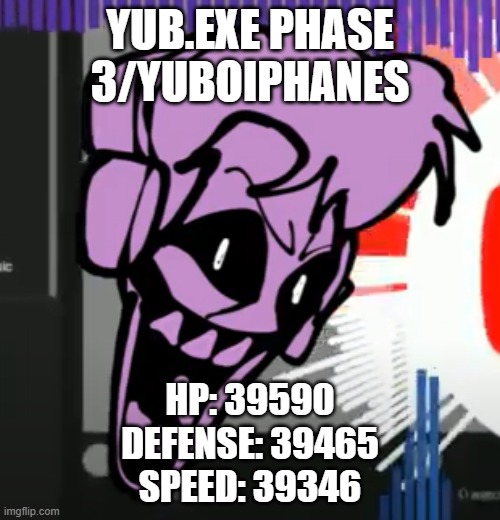 might make a bonus phase... | YUB.EXE PHASE 3/YUBOIPHANES; HP: 39590
DEFENSE: 39465
SPEED: 39346 | made w/ Imgflip meme maker