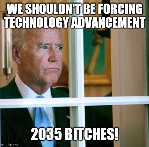 Sad Joe Biden | WE SHOULDN'T BE FORCING TECHNOLOGY ADVANCEMENT 2035 BITCHES! | image tagged in sad joe biden | made w/ Imgflip meme maker
