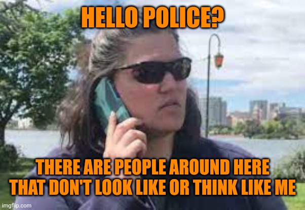 karen on phone | HELLO POLICE? THERE ARE PEOPLE AROUND HERE THAT DON'T LOOK LIKE OR THINK LIKE ME | image tagged in karen on phone | made w/ Imgflip meme maker