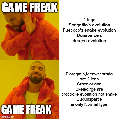 Another disappointment from some Pokefan (My opinion not hate or anything) | GAME FREAK; 4 legs Sprigatito's evolution
Fuecoco's snake evolution
Dunsparce's dragon evolution; Floragatio,Meowscarada are 2 legs
Crocalor and Skeledirge are crocodile evolution not snake
Dudunsparce is only Normal type; GAME FREAK | image tagged in memes,drake hotline bling,my opinion,pokemon,just for fun,to be honest | made w/ Imgflip meme maker