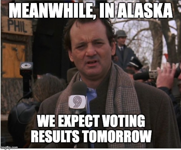 Counting Votes at Glacial Speeds | MEANWHILE, IN ALASKA | image tagged in groundhog day,bill murray groundhog day | made w/ Imgflip meme maker
