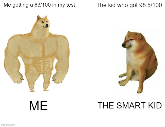 Buff Doge vs. Cheems | Me getting a 63/100 in my test; The kid who got 98.5/100; ME; THE SMART KID | image tagged in memes,buff doge vs cheems | made w/ Imgflip meme maker