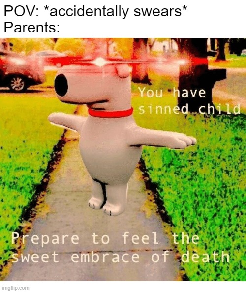 tell me if this is unoriginal | POV: *accidentally swears*
Parents: | image tagged in you have sinned child prepare to feel the sweet embrace of death | made w/ Imgflip meme maker
