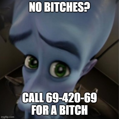 Megamind peeking | NO BITCHES? CALL 69-420-69 FOR A BITCH | image tagged in megamind peeking | made w/ Imgflip meme maker