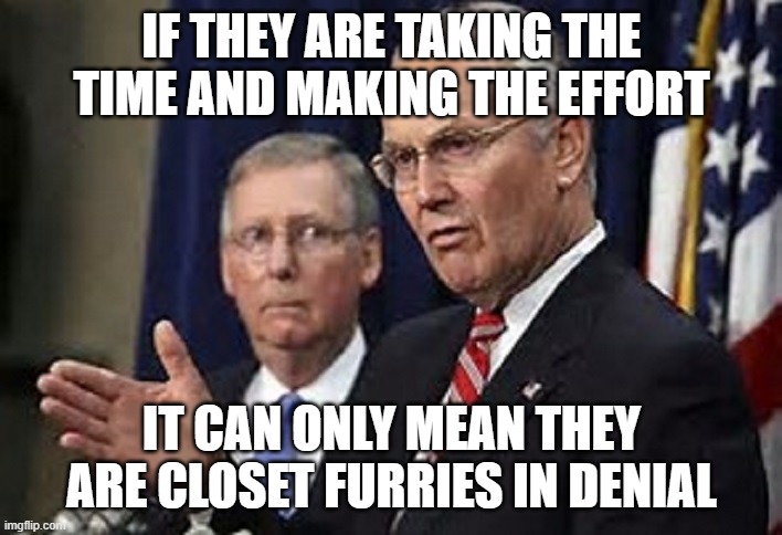 larry craig bathroom bandit | IF THEY ARE TAKING THE TIME AND MAKING THE EFFORT IT CAN ONLY MEAN THEY ARE CLOSET FURRIES IN DENIAL | image tagged in larry craig bathroom bandit | made w/ Imgflip meme maker