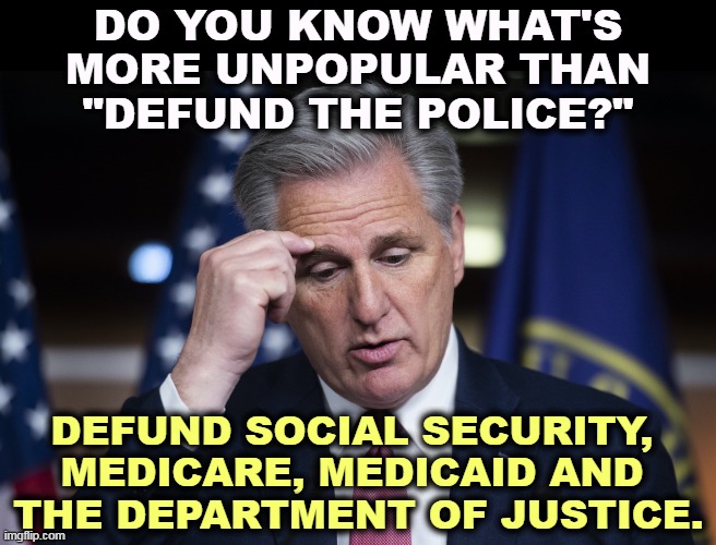 Kevin McCarthy, jellyfish, thinking up a lie | DO YOU KNOW WHAT'S MORE UNPOPULAR THAN "DEFUND THE POLICE?"; DEFUND SOCIAL SECURITY, 
MEDICARE, MEDICAID AND 
THE DEPARTMENT OF JUSTICE. | image tagged in kevin mccarthy jellyfish thinking up a lie,defund,police,social security,medicare,doj | made w/ Imgflip meme maker