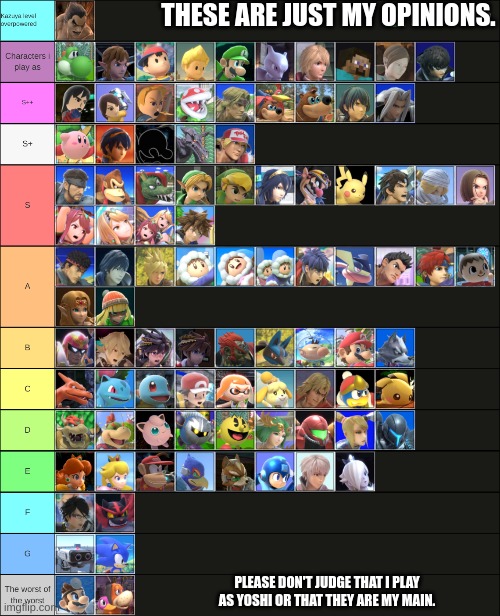 THESE ARE JUST MY OPINIONS. PLEASE DON'T JUDGE THAT I PLAY AS YOSHI OR THAT THEY ARE MY MAIN. | made w/ Imgflip meme maker
