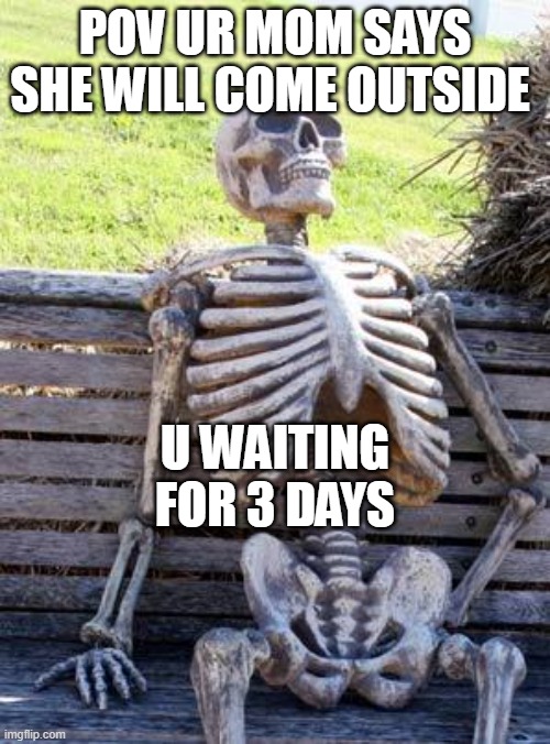 Waiting Skeleton Meme | POV UR MOM SAYS SHE WILL COME OUTSIDE; U WAITING FOR 3 DAYS | image tagged in memes,waiting skeleton | made w/ Imgflip meme maker