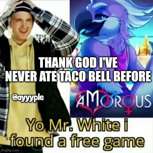 Yo Mr. White i found a free game | THANK GOD I'VE NEVER ATE TACO BELL BEFORE | image tagged in yo mr white i found a free game | made w/ Imgflip meme maker