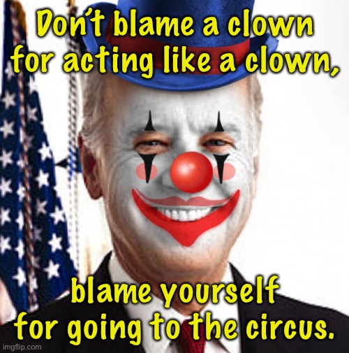 Don’t blame the clown | Don’t blame a clown for acting like a clown, blame yourself for going to the circus. | image tagged in joe biden clown,blame the clown,being a clown,yourself,going to circus,politics | made w/ Imgflip meme maker
