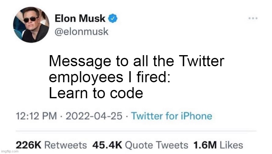 Elon Musk Buying Twitter | Message to all the Twitter 
employees I fired:
Learn to code | image tagged in elon musk buying twitter | made w/ Imgflip meme maker