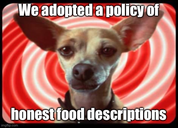 taco bell dog | We adopted a policy of honest food descriptions | image tagged in taco bell dog | made w/ Imgflip meme maker