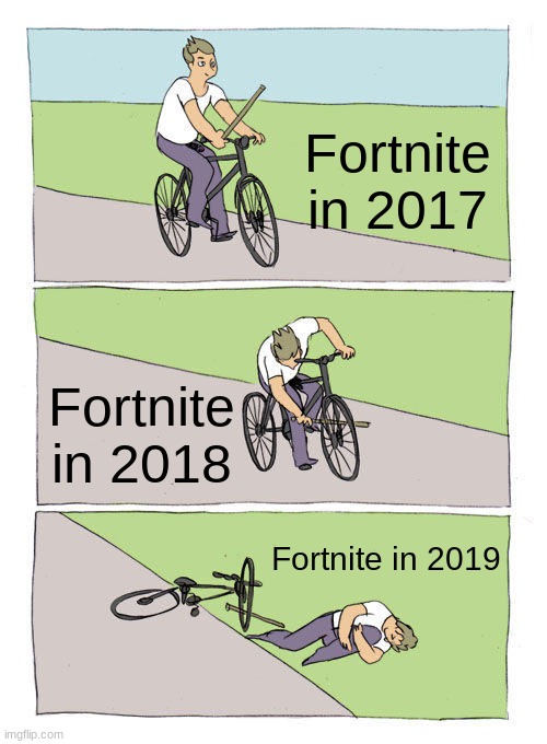 Bike Fall Meme | Fortnite in 2017; Fortnite in 2018; Fortnite in 2019 | image tagged in memes,bike fall | made w/ Imgflip meme maker