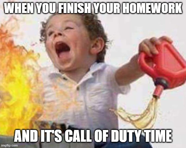 Destructive baby | WHEN YOU FINISH YOUR HOMEWORK; AND IT'S CALL OF DUTY TIME | image tagged in destructive baby,call of duty,homework,free time,capitalism | made w/ Imgflip meme maker