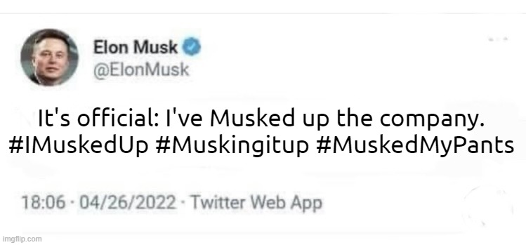 Musking up Twitter | It's official: I've Musked up the company.
#IMuskedUp #Muskingitup #MuskedMyPants | image tagged in blank elon musk tweet | made w/ Imgflip meme maker