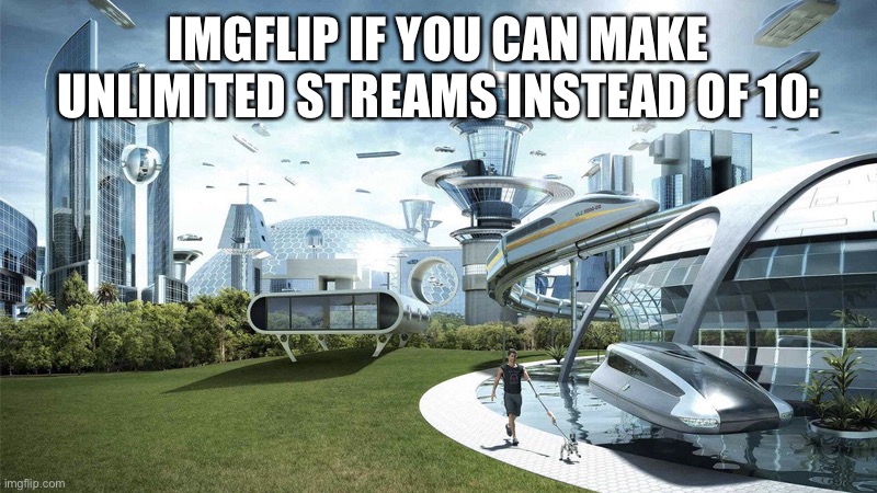 The future world if | IMGFLIP IF YOU CAN MAKE UNLIMITED STREAMS INSTEAD OF 10: | image tagged in the future world if,memes,imgflip,stream,streams,meme stream | made w/ Imgflip meme maker