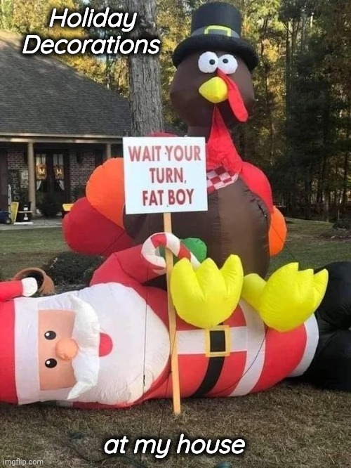 Let's not be too hasty |  Holiday
  Decorations; at my house | image tagged in happy holidays,we did it we time traveled,not so fast,take it easy,fast and furious,turkey day | made w/ Imgflip meme maker