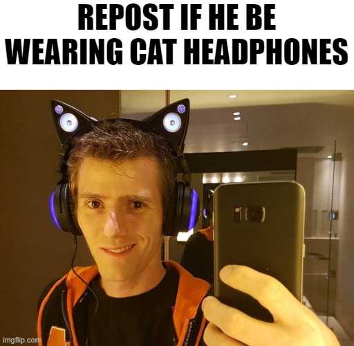 Linus | REPOST IF HE BE WEARING CAT HEADPHONES | image tagged in linus,linustechtips,ltt,cat,catheadphones,repost | made w/ Imgflip meme maker