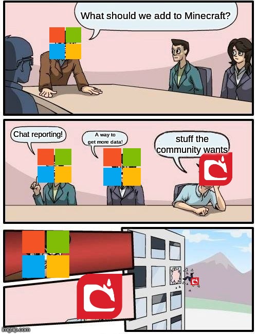 Boardroom Meeting Suggestion Meme | What should we add to Minecraft? Chat reporting! A way to get more data! stuff the community wants | image tagged in memes,boardroom meeting suggestion | made w/ Imgflip meme maker