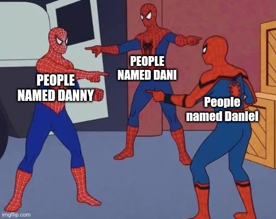 3 Spiderman Pointing | PEOPLE NAMED DANI; PEOPLE NAMED DANNY; People named Daniel | image tagged in 3 spiderman pointing | made w/ Imgflip meme maker